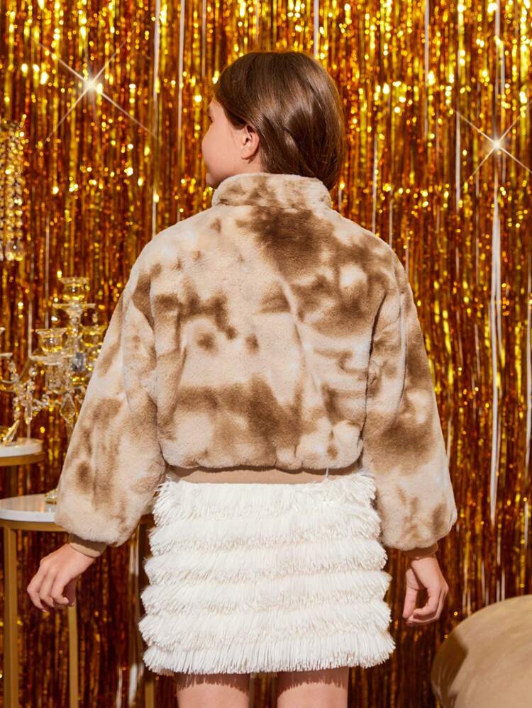 Tween Girl Tie Dye Drop Shoulder Zipper Fuzzy Coat