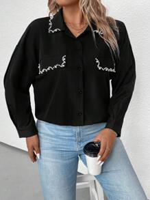 SHEIN Clasi Plus Pearls Beaded Drop Shoulder Shirt - Black - View 7