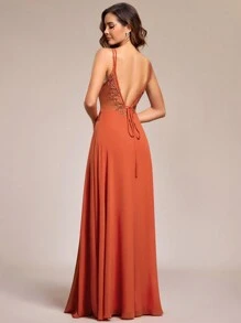 Elegant Chiffon Backless Floral Embroidery Tangerine Bridesmaid Dress - Burnt Orange - View 5