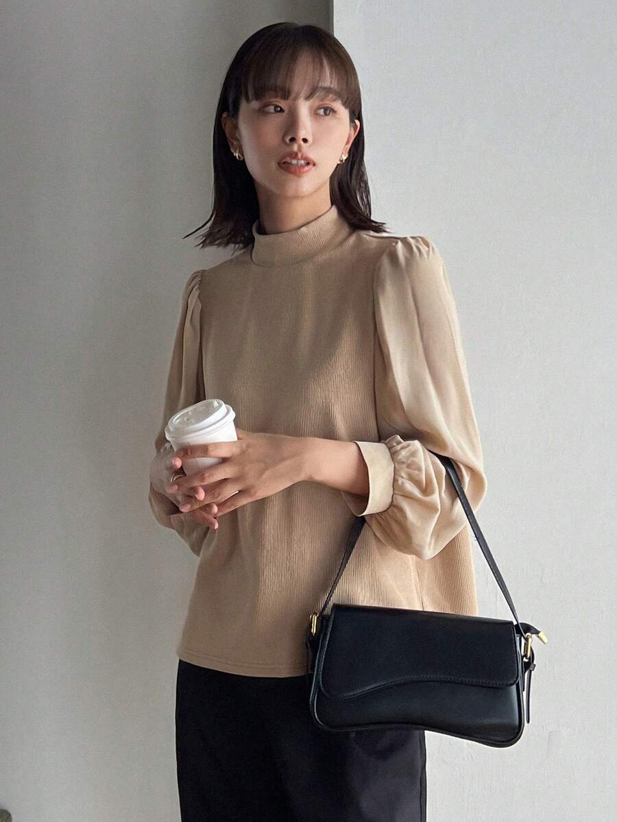 FRIFUL Mock Neck Lantern Sleeve Ribbed Knit Top