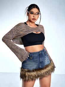 SHEIN ICON 大碼嬉皮士段染落肩袖超短版套頭毛衣不附胸罩 - 彩色 - 查看 4