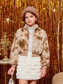 SHEIN Tween Girl Tie Dye Drop Shoulder Zipper Fuzzy Coat - Apricot - View 3