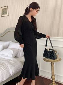 DAZY Solid Button Front Mermaid Hem Dress - Black - View 1