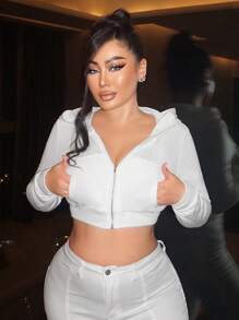 SHEIN SXY 纯色拉链短款连帽卫衣，毕业长袖上衣，返校服装，毕业典礼，女士教师服装，秋冬返校 - 白色 - 查看 1