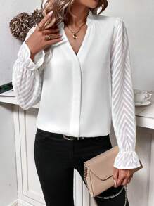 SHEIN Frenchy Notched Neck Flare Sleeve Blouse - White - View 7