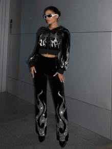 SHEIN ICON Bikercore Rhinestone Fire Pattern Flare Leg Pants - Black - View 4