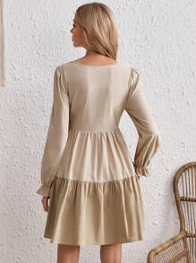 SHEIN VCAY Vestido blusón con dobladillo con volantes y mangas con volante - Caqui - Ver 2