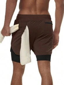 Manfinity Sport Corelite Men Letter Graphic Drawstring Waist 2 In 1 Sports Shorts With Phone Pocket Sweat Pants - Coffee Brown - View 2