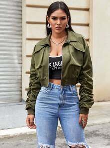 Cazadora crop con bolsillo con solapa de manga fruncido - Verde militar - Ver 1