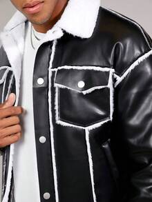 GENTILAND Men Borg Collar Teddy Lined PU Leather Jacket - Black - View 5