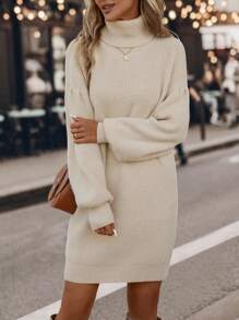 SHEIN Clasi 高領落肩袖毛衣洋裝不附腰帶 - 杏色 - 查看 1