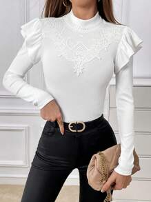 SHEIN Privé 拼接水溶蕾絲荷葉邊小高領T恤 - 白色 - 查看 3