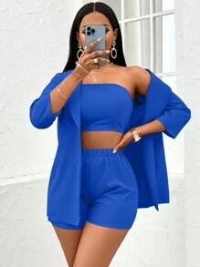 VaVaBold Solid Tube Top & Shorts & Shawl Collar Open Front Coat - Royal Blue - View 5
