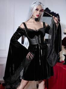 PUNK Halloween Solid Contrast Lace Velvet Dress - Black - View 1