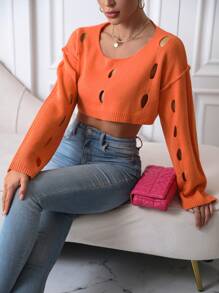 Zolique 露肩短款针织套头衫，适合秋冬季穿着 - 亮橙色 - 查看 5