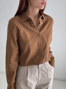 DAZY Women's Business Casual Solid Color Loose Fit Long Sleeve Blouse Fall Tops - Brown - View 1