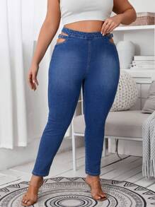 SHEIN SXY Plus Cut Out Buckle Waist Skinny Jeans - Medium Wash - View 1