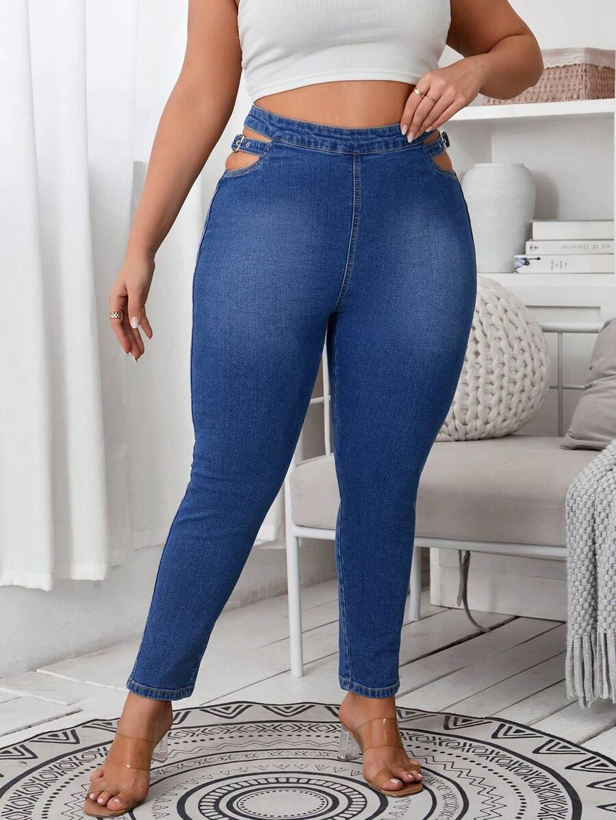SHEIN SXY Plus Cut Out Buckle Waist Skinny Jeans - Medium Wash - View 1