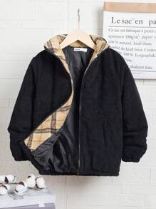 SHEIN Tween Boy Plaid Lined Zip Up Corduroy Padded Coat - Black - View 1