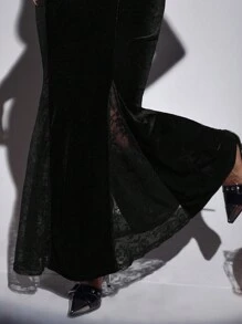 SHEIN ICON Halloween Off Shoulder Lace Insert Velvet Dress - Black - View 4