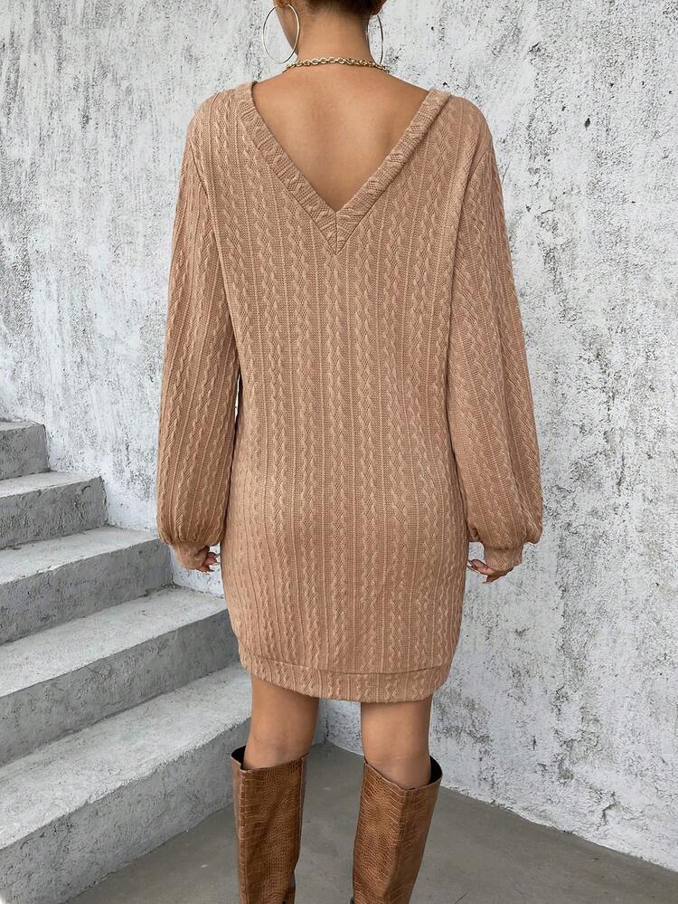 Solid Lantern Sleeve Sweatshirt Dress Without Belt