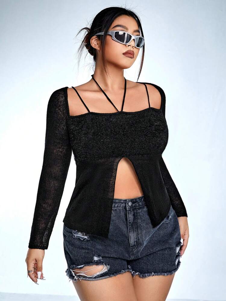 Plus Split Hem Halter Neck Asymmetrical Hem Crop Sweater