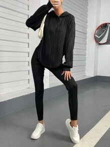 SHEIN Essnce Solid Drop Shoulder Hoodie & Leggings - Black - View 3