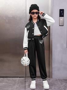 SHEIN 女大童1入組字母圖案雙色學院風夾克和1入組衛褲 - 黑色 - 查看 2