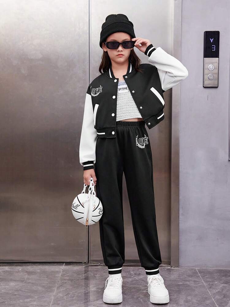 Tween Girl 1pc Letter Graphic Two Tone Varsity Jacket & 1pc Sweatpants