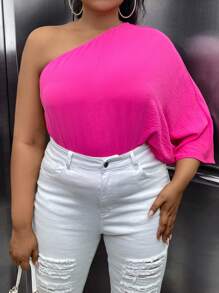 Celure Plus One Shoulder Batwing Sleeve Blouse - Hot Pink - View 4