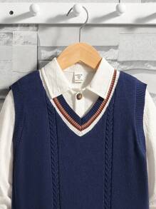 SHEIN 男大童條紋飾邊麻花編織加絨內裏毛衣背心無襯衫 - 藍色 - 查看 5