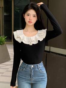 DAZY Blusa con volantes de contraste, ropa de otoño para mujer con manga larga