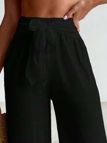 Swim Vcay 素色前繫帶闊腿罩衫長褲 - 黑色 - 查看 5