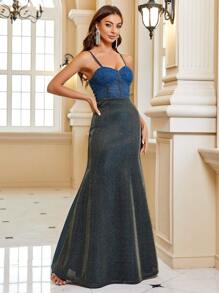 SHEIN Belle 金屬亮絲魚尾裙下擺正式洋裝 - 藍色 - 查看 5