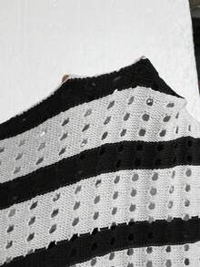 Calvaya 大碼條紋圖案落肩袖鏤空開襟衫和針織短褲 - 黑與白 - 查看 8