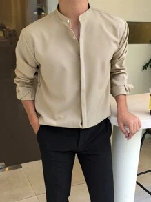 DAZY Men Solid Button Up Shirt, Fall Long Sleeve Men Shirt Business Attire - Khaki - View 4