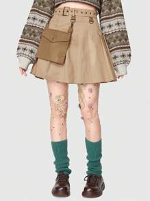 ROMWE Fairycore 有蓋口袋百褶裙 - 卡其色 - 查看 3