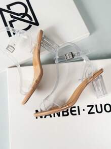 Party Vacation Wedding Occasion Latest 2023 Spring/Summer Elegant Apricot Women's Shoes. Features Round Toe, Chunky & Unusual Heels, Sheer & Bare Design With Decorative Open Toes. Slide Classic & Fashionable High-Heeled Apricot Sandals For Women With Rubber Soles.