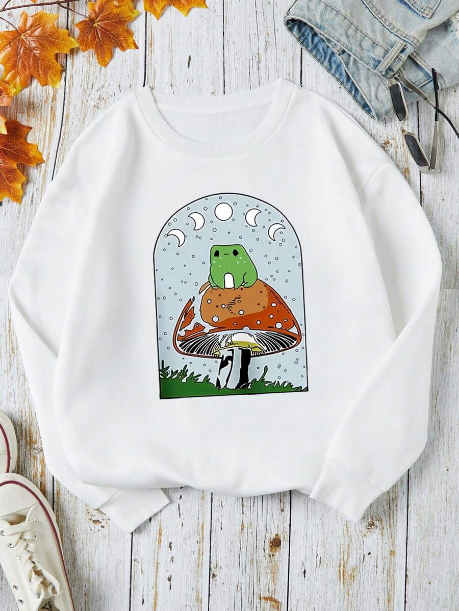 SHEIN EZwear Mushroom & Frog Print Thermal Lined Sweatshirt - White - View 1