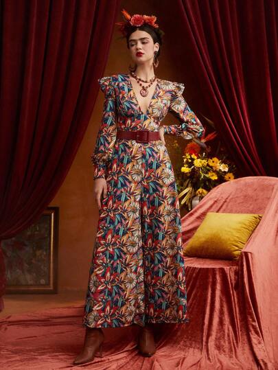 Frida Kahlo X SHEIN X Designer Israel Jasso Mono de pierna ancha con estampado floral por todo el diseño, adornado con volantes, sin cinturón, para festival
