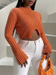 Zolique Mock Neck Split Hem Crop Sweater Knit Pullover Fall Winter Outfit