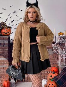 PUNK Plus Cable Knit Drop Shoulder Cardigan - Camel - View 4