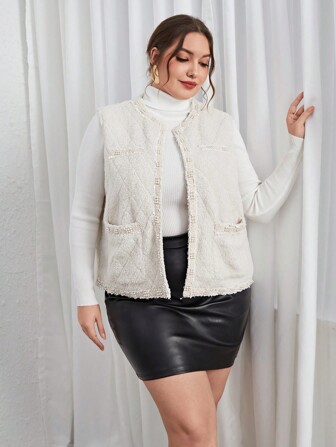 SHEIN Privé Plus Faux Pearl Decor Dual Pocket Vest Jacket