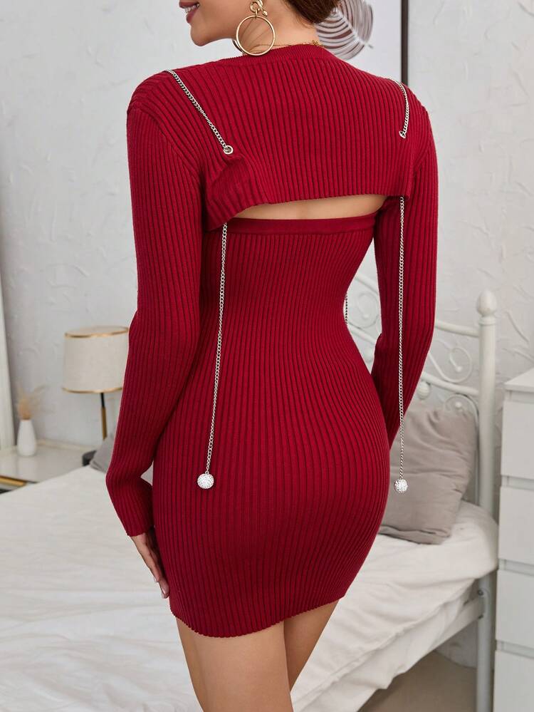1pc Ribbed Knit Tube Sweater Dress & 1pc Super Crop Sweater Fall Cloth For Women