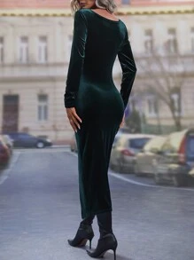 SHEIN Clasi Ruched Split Thigh Velvet Dress Maxi Women Outfit Fall Cloth For Women - Army Green - View 2