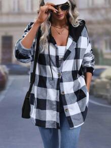 SHEIN Privé Buffalo Plaid Print Drop Shoulder Drawstring Hooded Flannel Coat - Multicolor - View 6