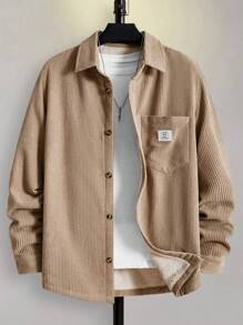 Manfinity VCAY Oversized Men's Letter Patched Detail Pocket Front Corduroy Shirt - Khaki - View 1
