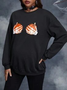 SHEIN 孕妇万圣节南瓜和骷髅手印花落肩运动衫，适合冬季 - 黑色 - 查看 4