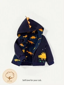 Cozy Pixies Baby Boy Dinosaur Print 3D Design Hooded Thermal Lined Coat - Navy Blue - View 12