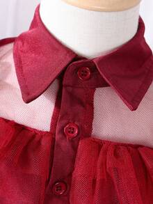 SHEIN Young Girl Ruffle Trim Mesh Overlay Belted Dress - Burgundy - View 5